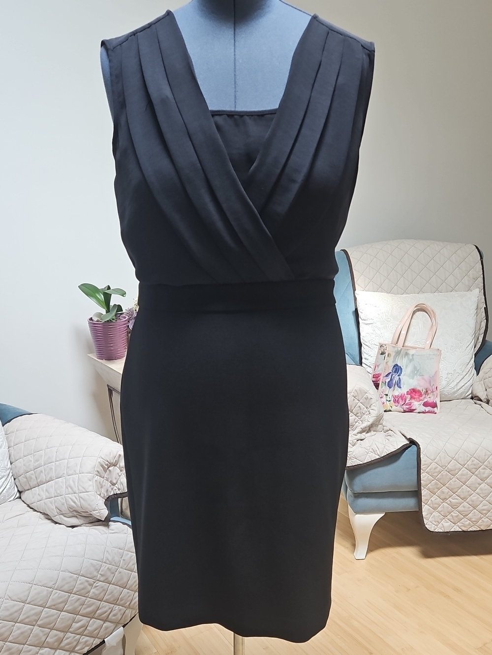 LOFT Black Sleeveless Wrap-Style Midi Dress